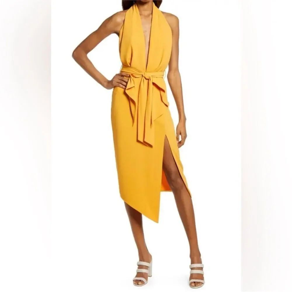 MISHA COLLECTION Yellow Halter Tie-Waist Asymmetric Dress